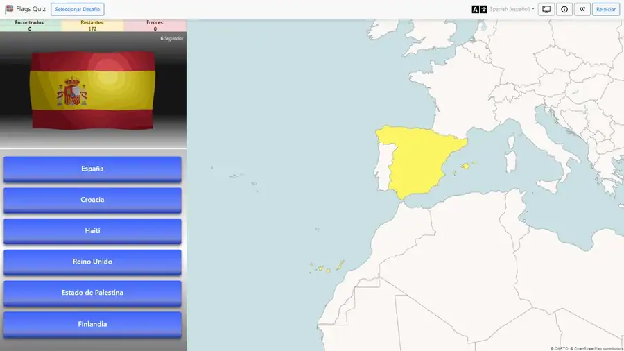 Flags Quiz in action: animated flag, answer options and interactive map
