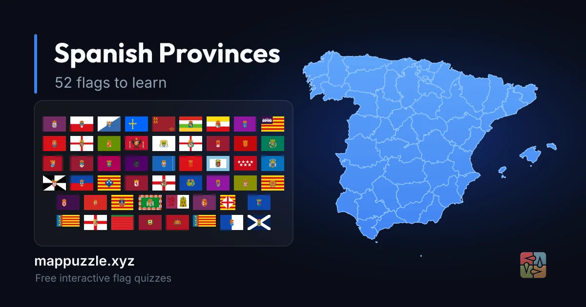 Las cincuenta y dos banderas provinciales de España dispuestas en una retícula junto al mapa