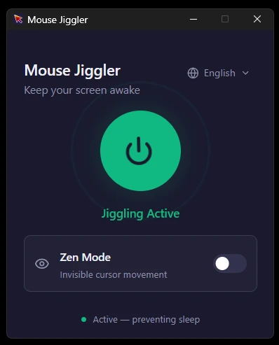 La ventana de Mouse Jiggler, con el botón de encendido y el interruptor del modo zen